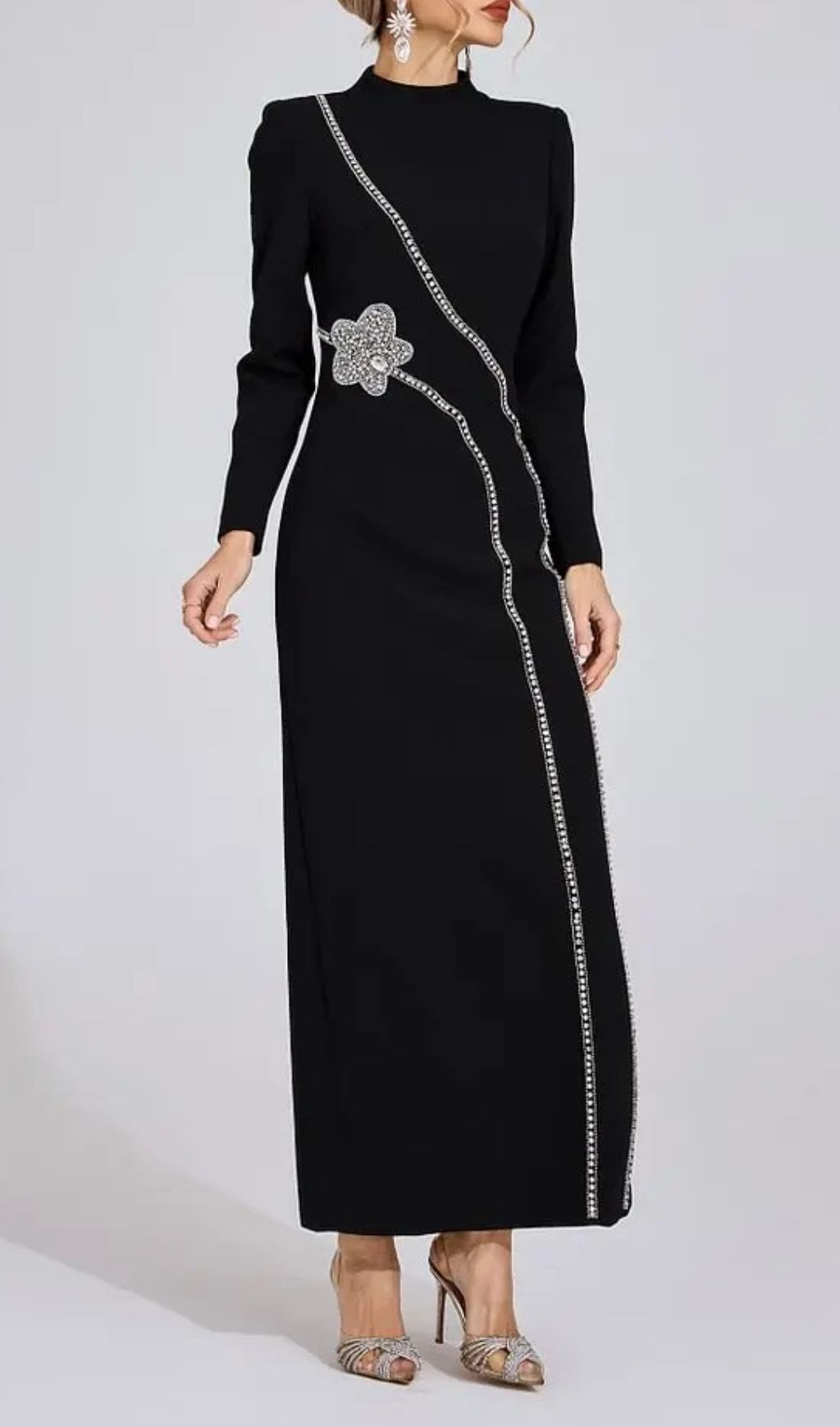 Nicola Diamond Embellished Long Sleeve Maxi Dress - Black