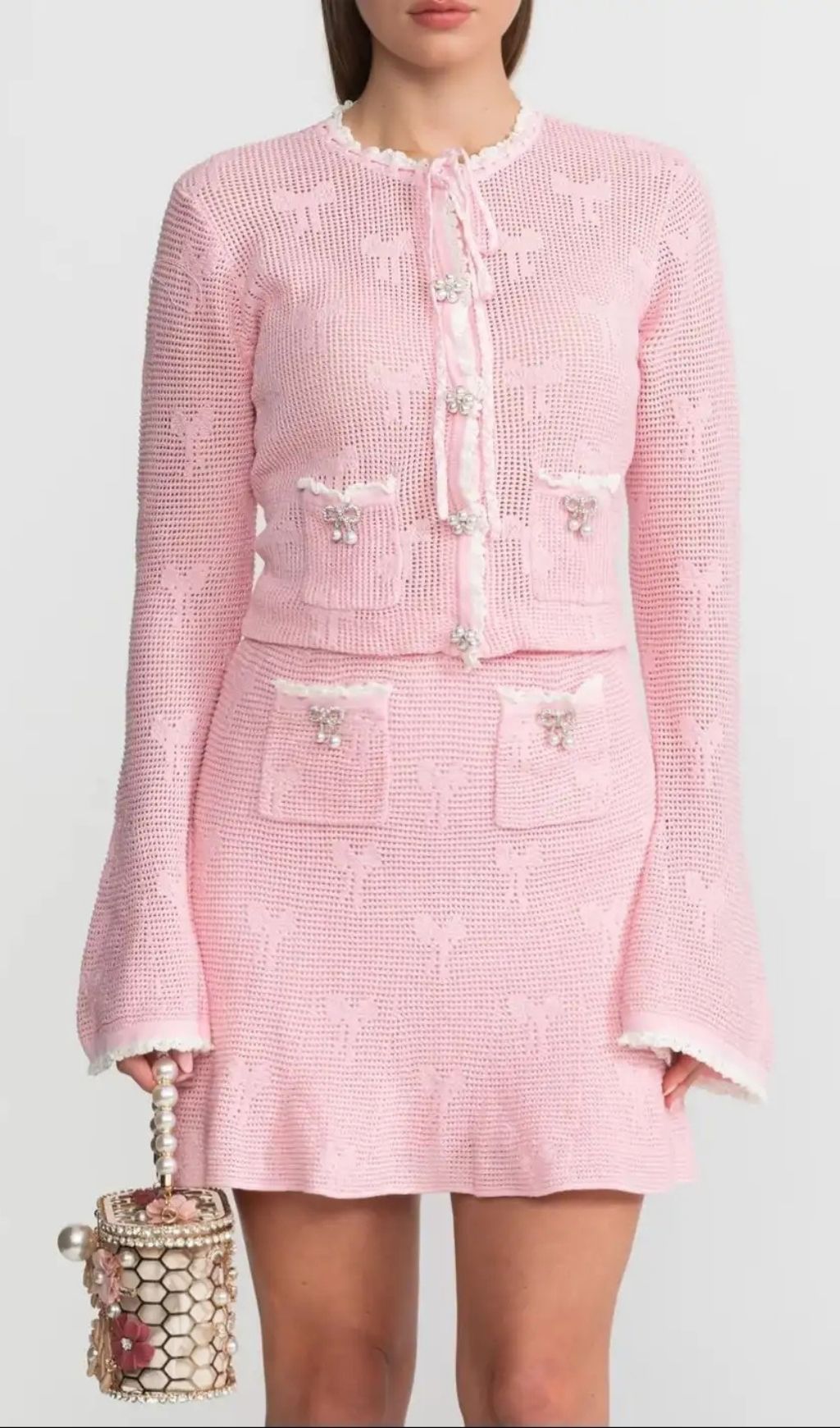 Joanna Knit Co-Ord Set With Pearl & Bow Detailing – Pink