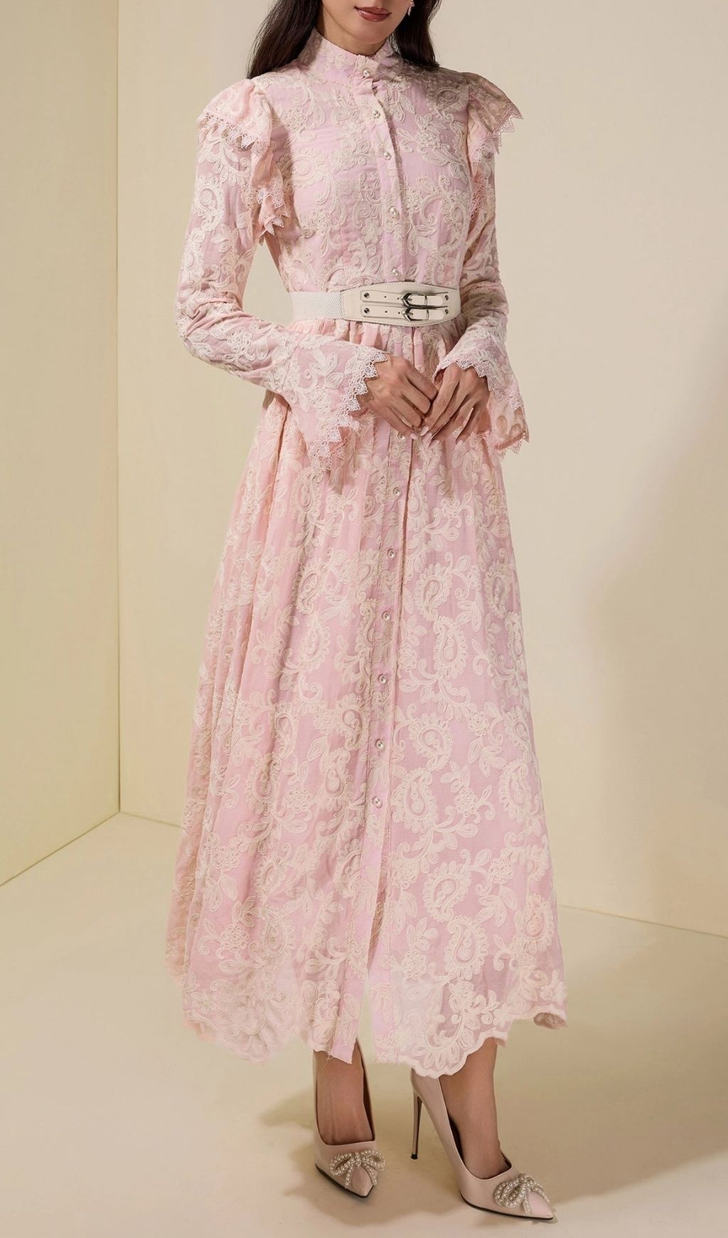 52a72441c8e160d5c9eced1a8b5e2ade Alma Chiffon Embroidered Single Breasted Midi Dress With Belt - Pink