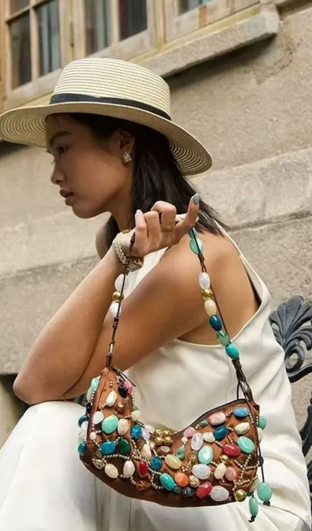 Beaded Crescent Shoulder Bag With Colorful Stone Embellishments - OWNCI Beaded Crescent Shoulder Bag With Colorful Stone Embellishments - OWNCI