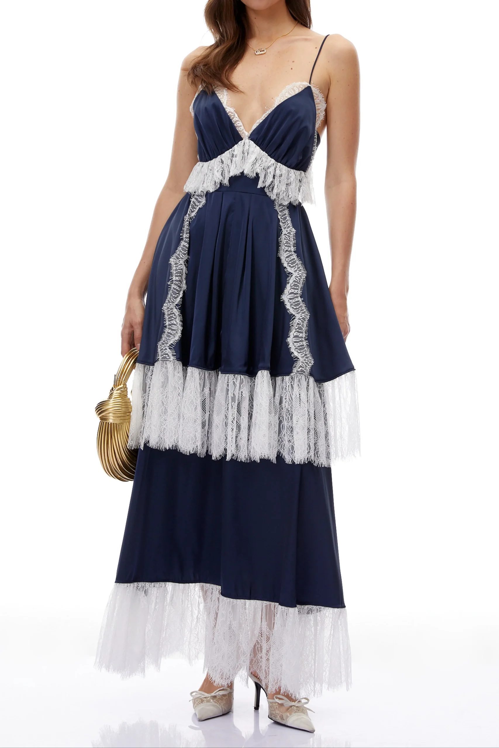 Navy Spaghetti Strap V-Neck Tiered Lace Fringe Maxi Dress