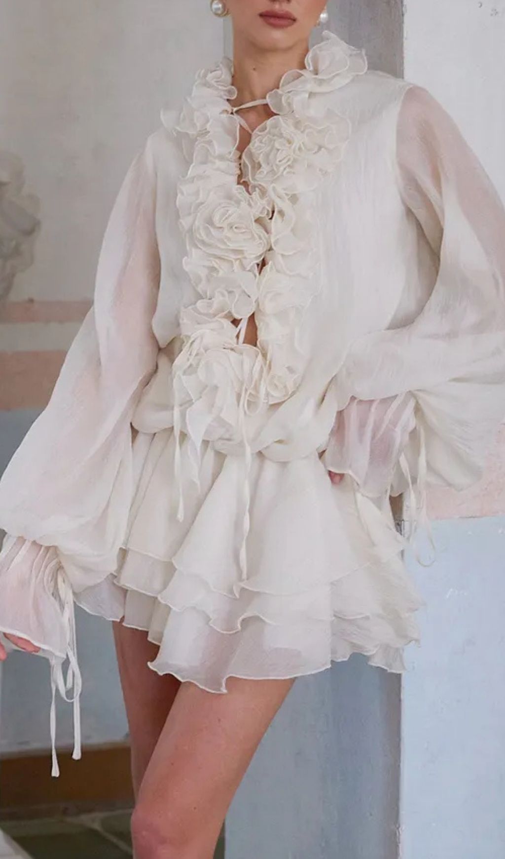 Zéphyrine Floral-Appliqué Tiered Mini Dress In Neutrals - OWNCI