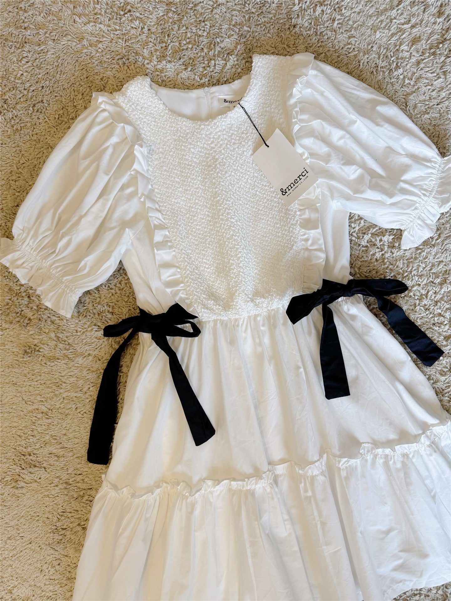 Bow Ruffled Lantern Sleeve Pocket Cotton Dress