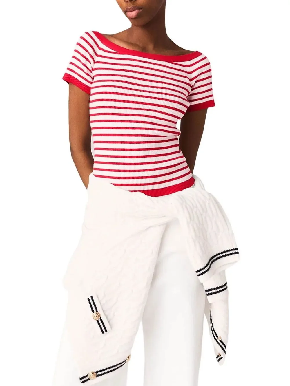Striped Knit Boat Neck Top - OWNCI Striped Knit Boat Neck Top - OWNCI