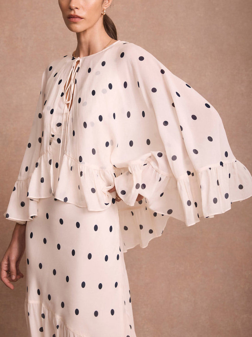 5329d1ba2adf616af447fc1c861f5c8b Polka Dot Ruffle Layered Chiffon Cape Maxi Dress