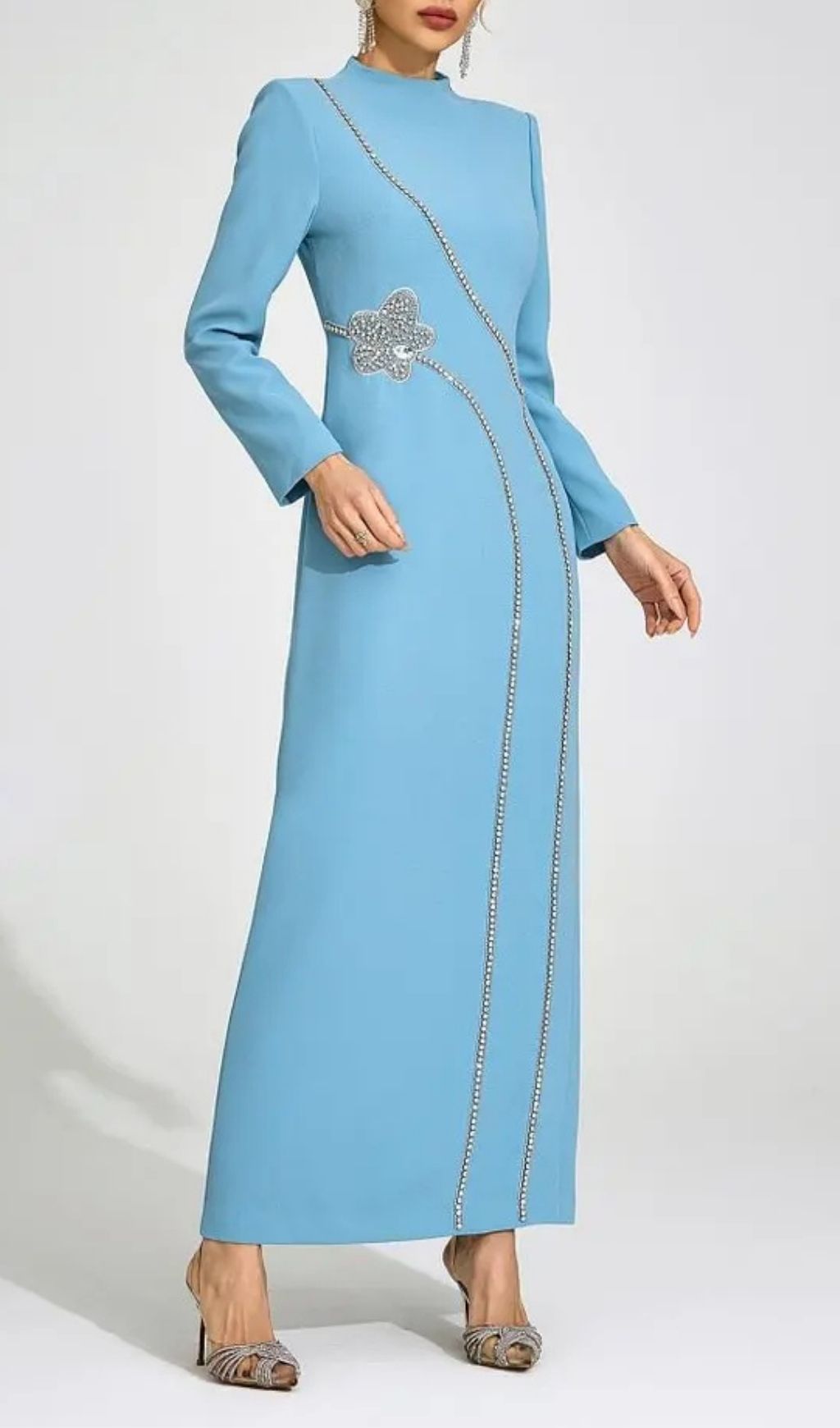 Nicola Diamond Embellished Long Sleeve Maxi Dress - Blue
