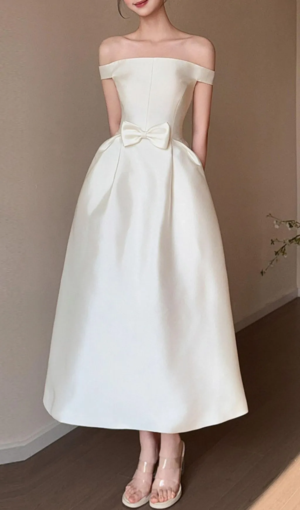 Fashionslee Women Levy Off-Shoulder Bow Midi Dress