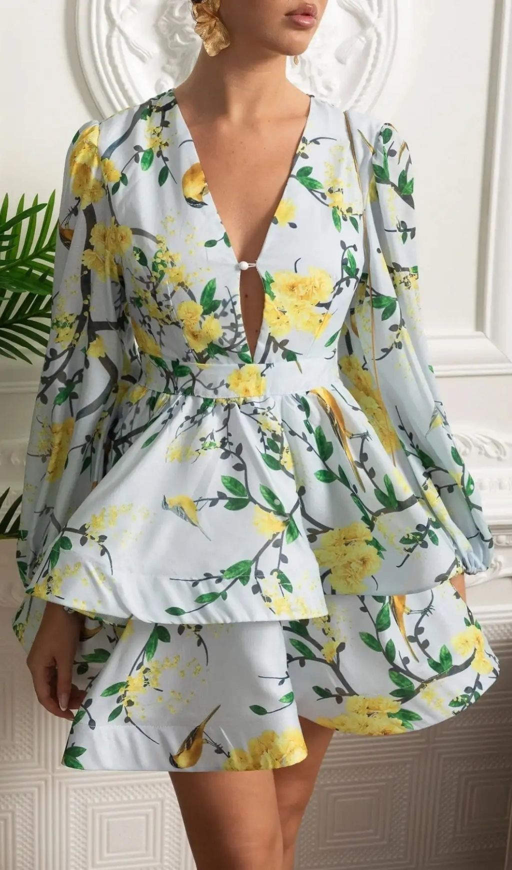 Floral Romantic Mini Dress With Voluminous Sleeves And Peplum Detail - Sky Blue