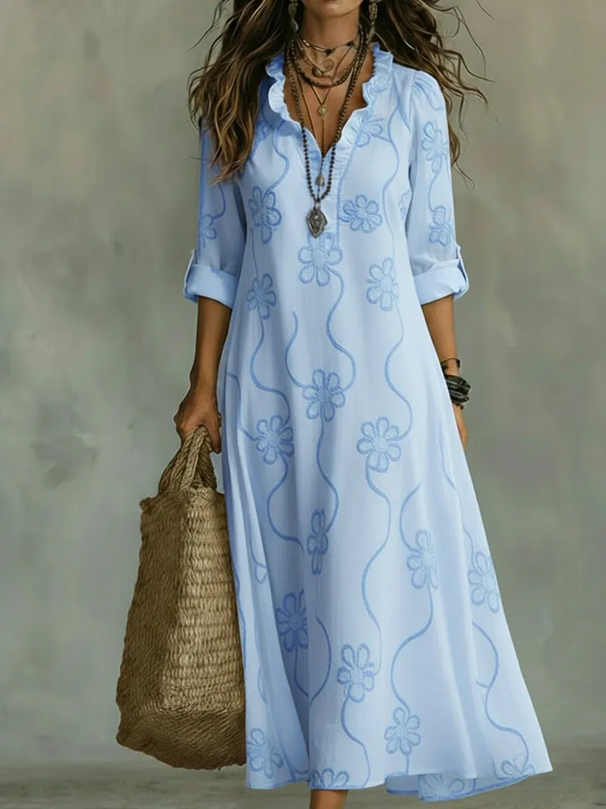 544a28fdc5a55ec759862935c521c34b Elegant Floral Print Ruffled Collar Midi Dress