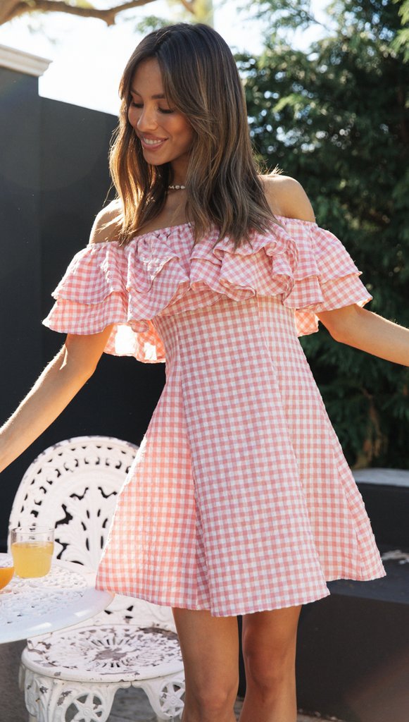 547bb01b1e9a052c7fb40838b909be12 Off Shoulder Ruffle Plaid Mini Dress - Pink