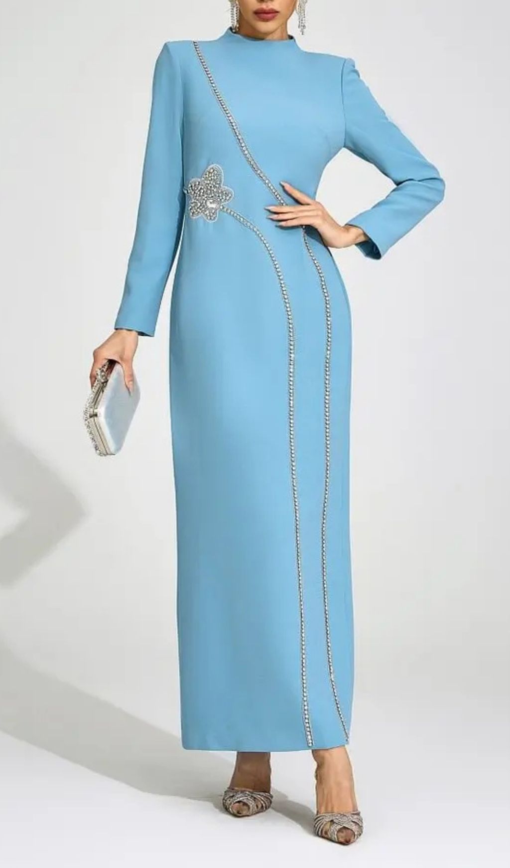 Nicola Diamond Embellished Long Sleeve Maxi Dress - Blue