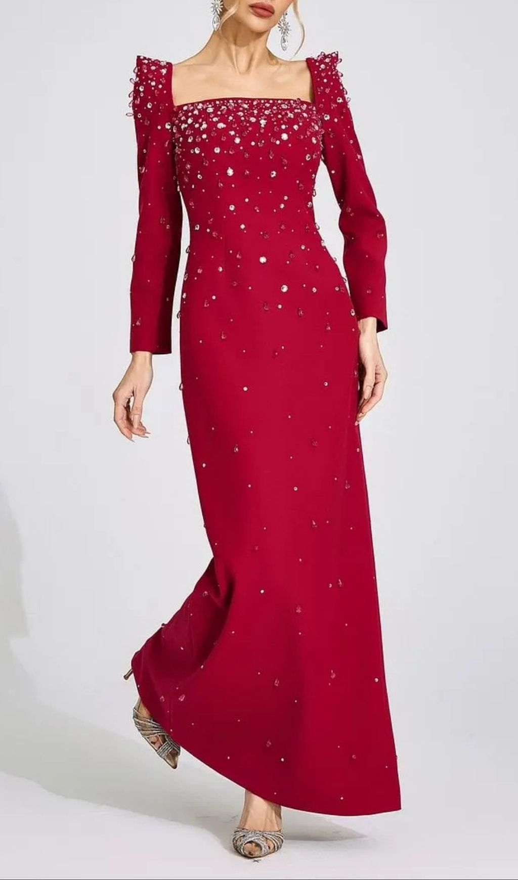 Lynn Square Neck Beaded Rhinestone Maxi Dress - Burgundy