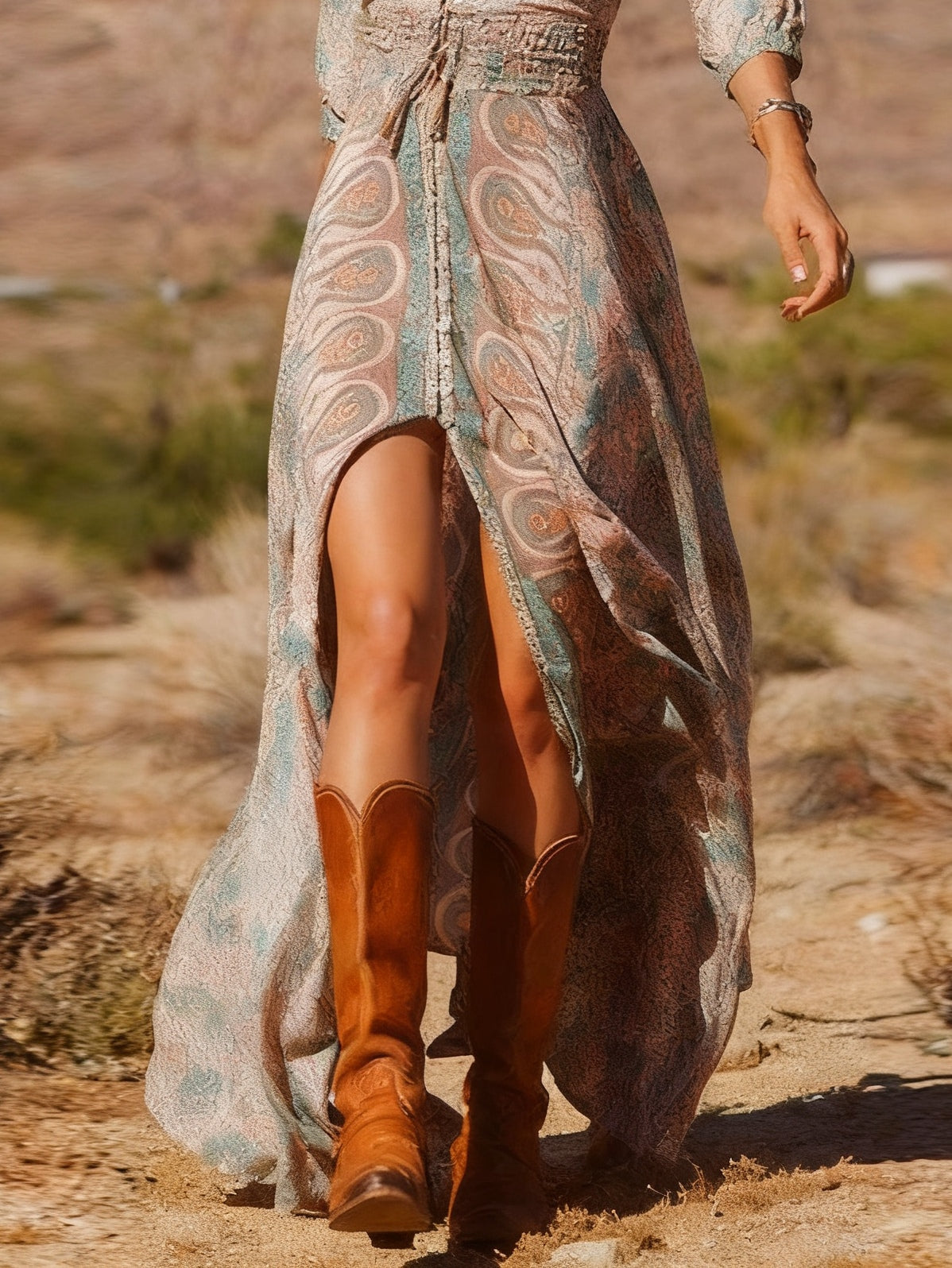 552285930136a5bfb94c4872d6373bc1 Western Style Boho Print Slit Maxi Dress