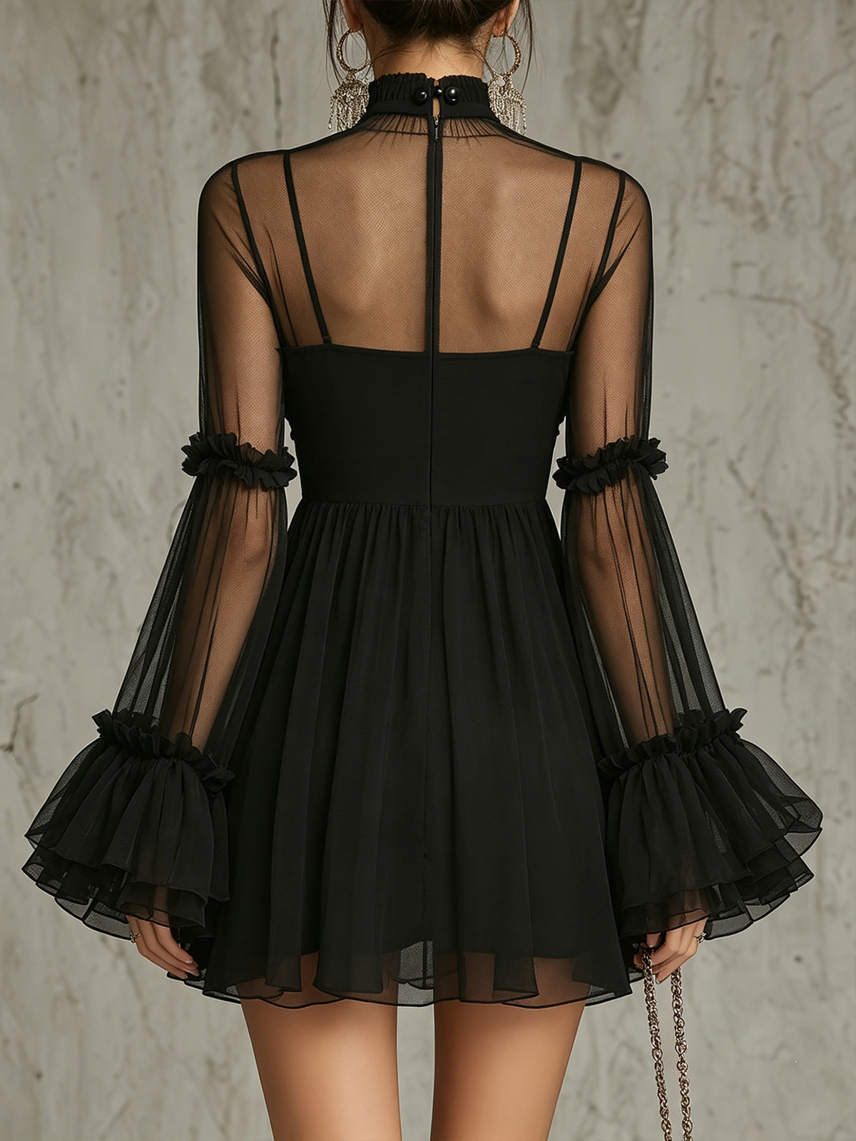 Black Sheer Floral Appliqué High Neck Pleated Chiffon Mini Dress - OWNCI Black Sheer Floral Appliqué High Neck Pleated Chiffon Mini Dress - OWNCI