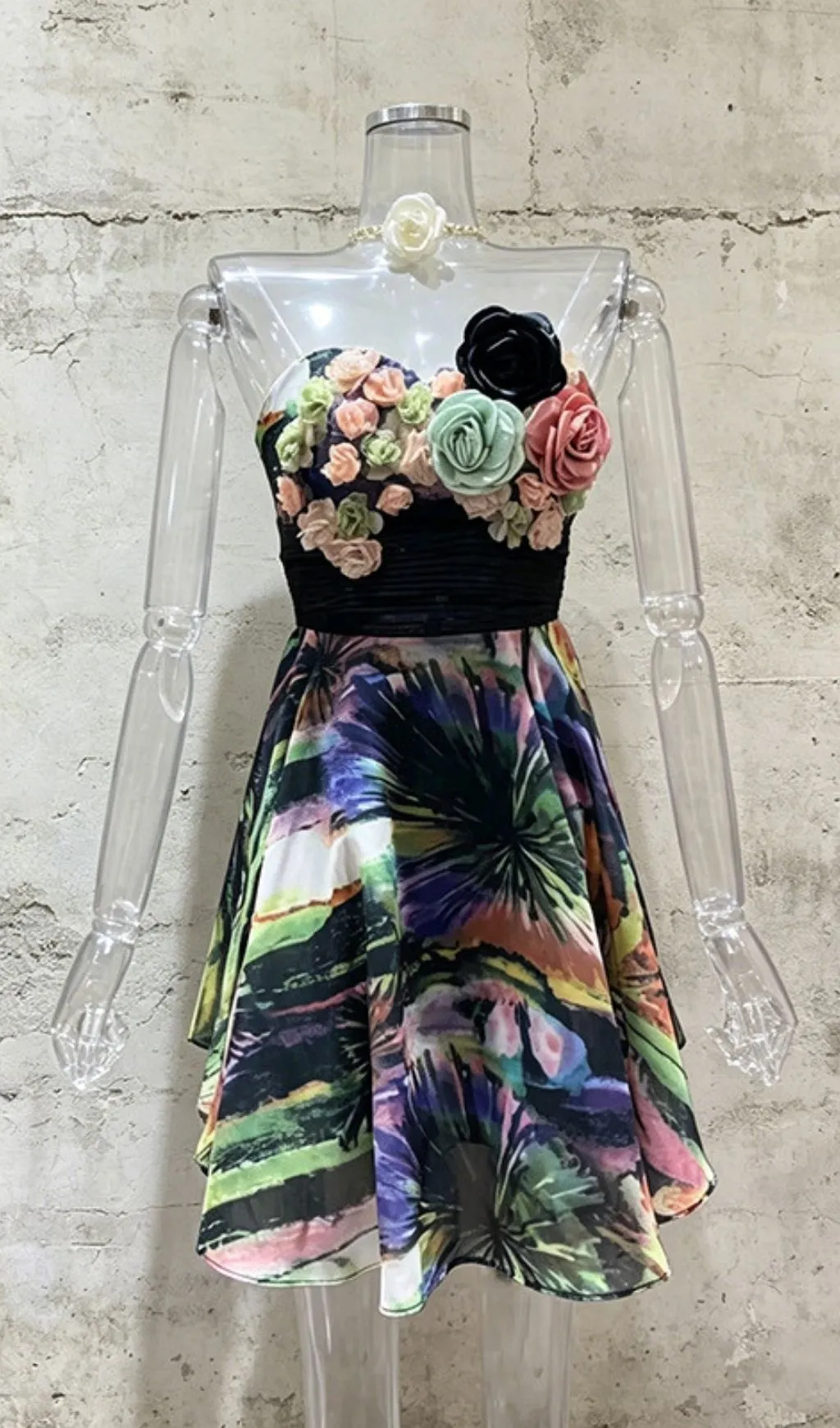 Fashionslee Women Libussa Strapless Flower Embellished Printed Mini Dress