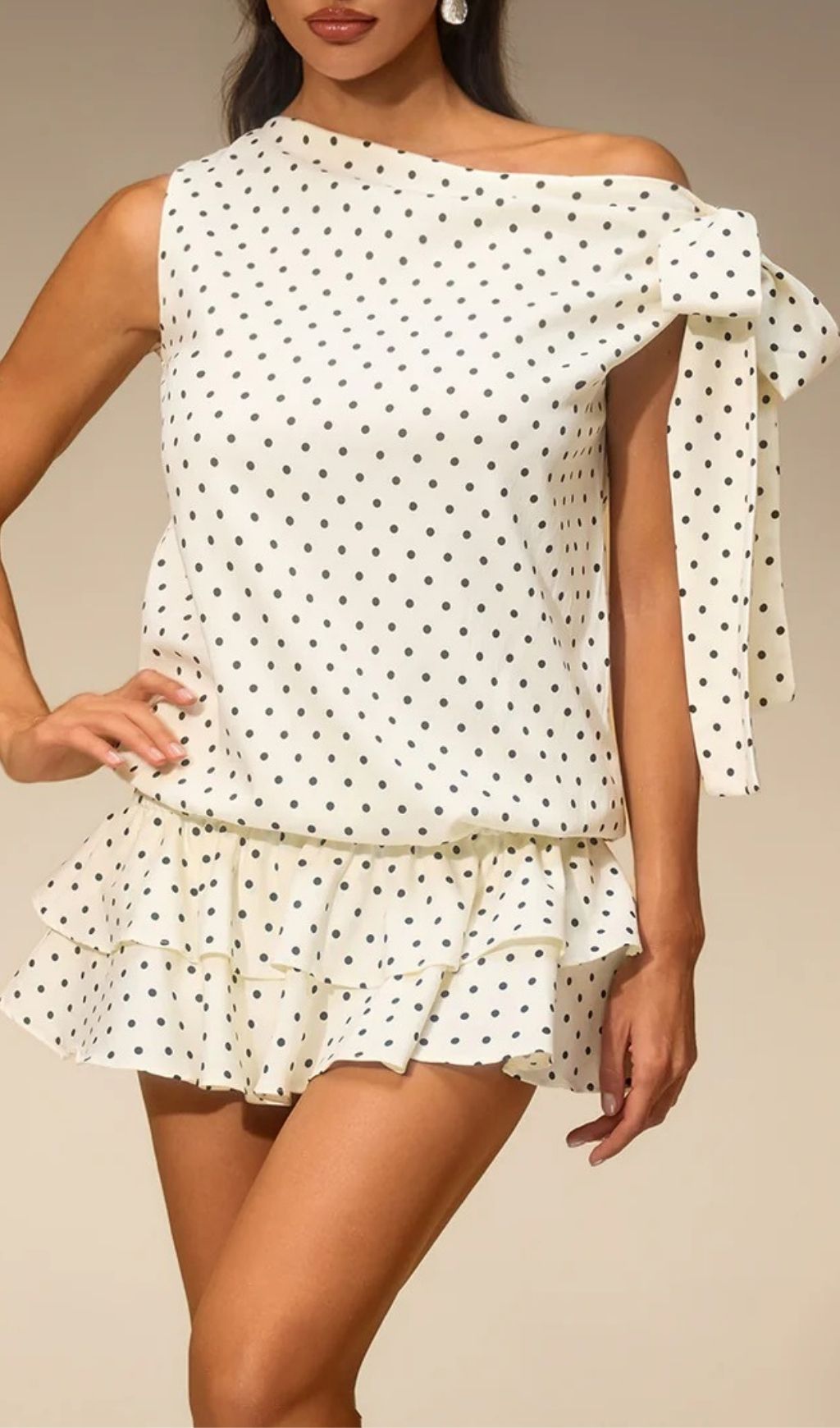 Fashionslee Women Evella Off Shoulder Dot Tiered Mini Dress