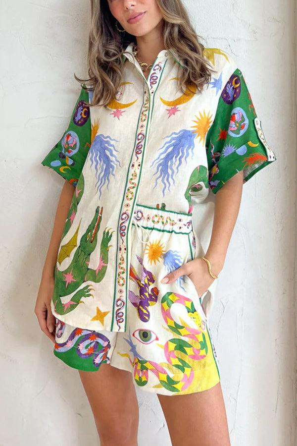 558441d42564e35ead21344a119718bb Days of Heaven Linen Blend Unique Print Blouse and Elastic Waist Pocketed Shorts Set