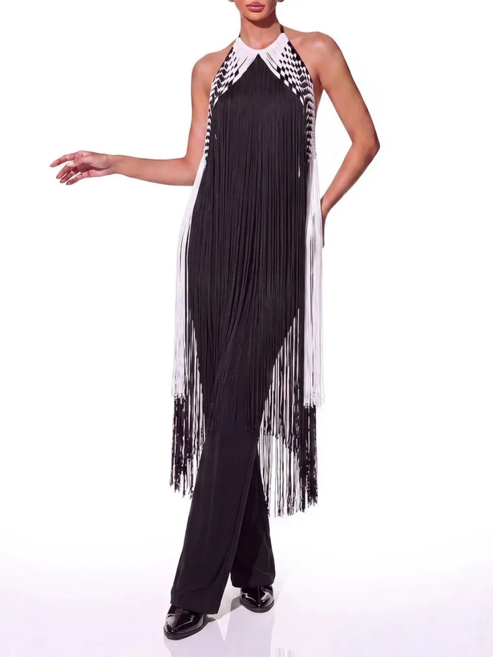 Pyrune Halterneck Fringe Midi Dress - OWNCI