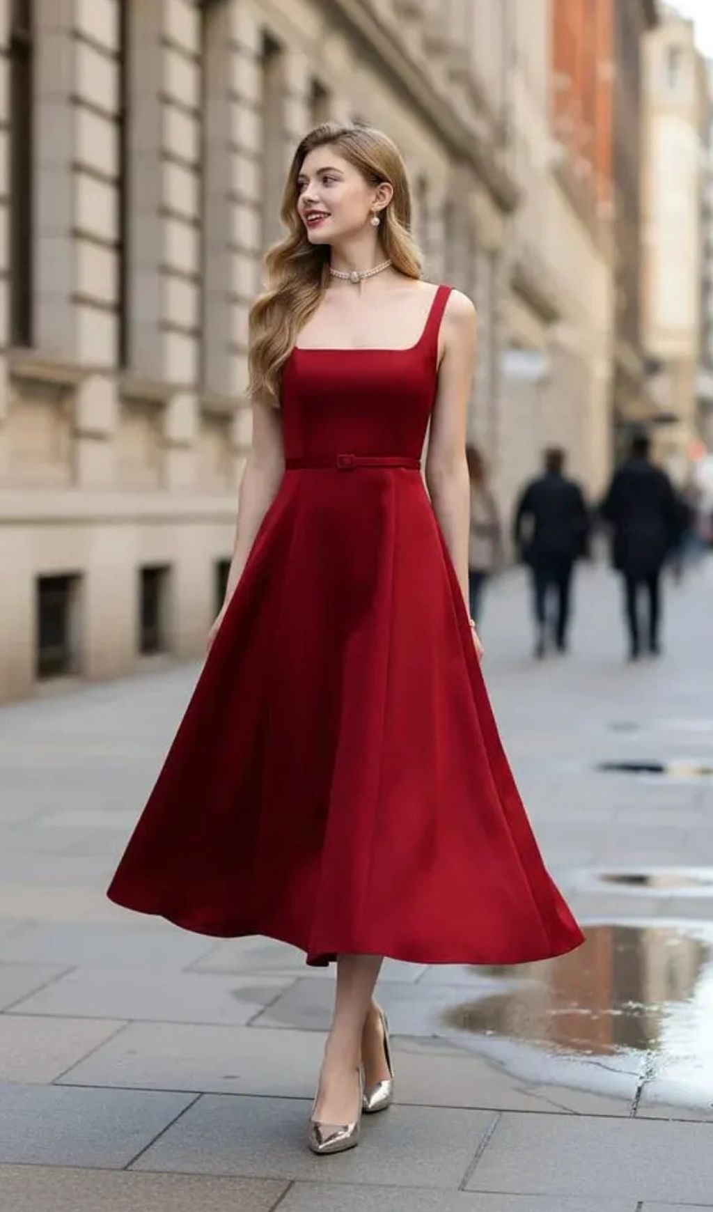Amelia Square Neck Satin Slip Midi Dress - Red