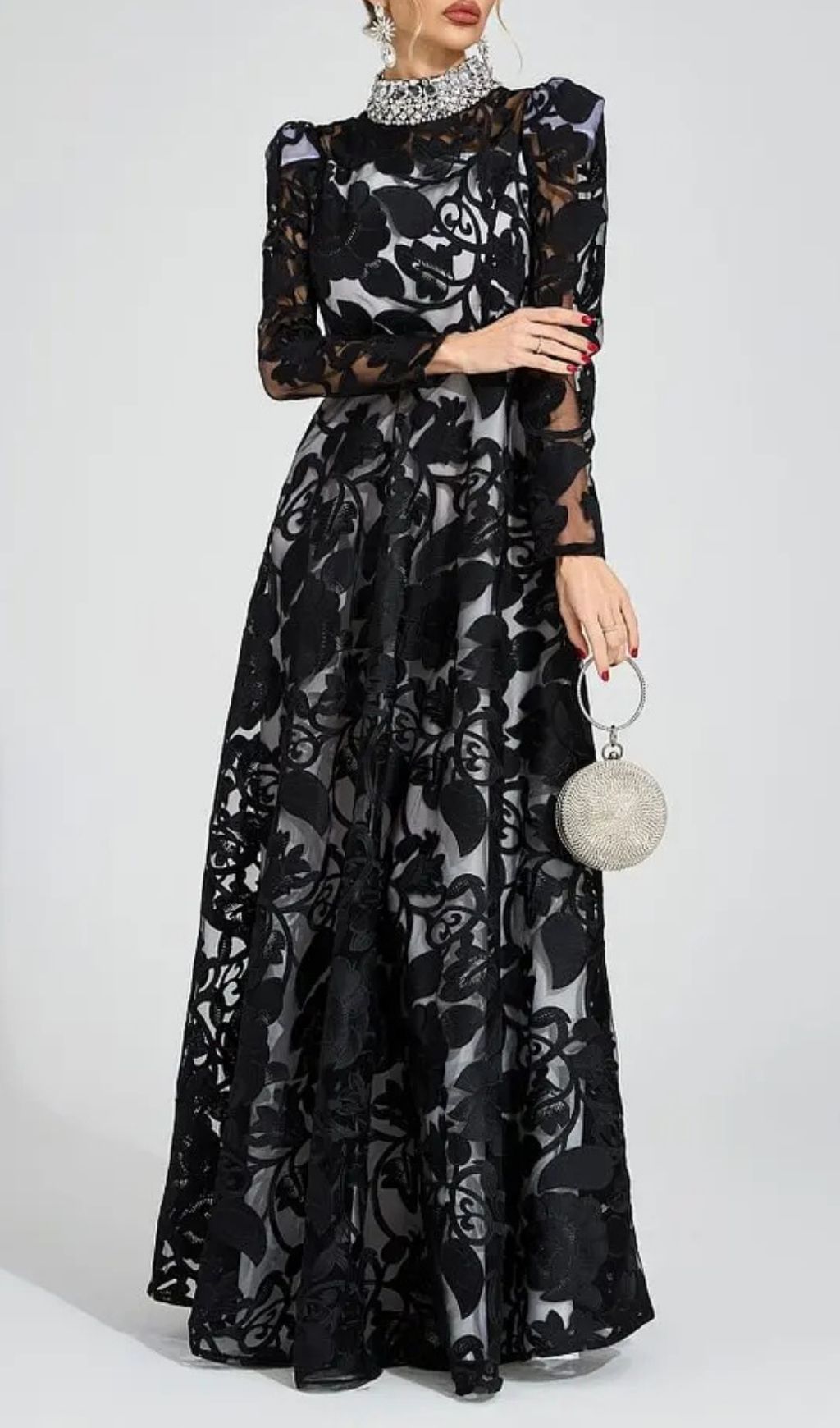 Sheila Black Diamond Embroidered Tulle Maxi Dress