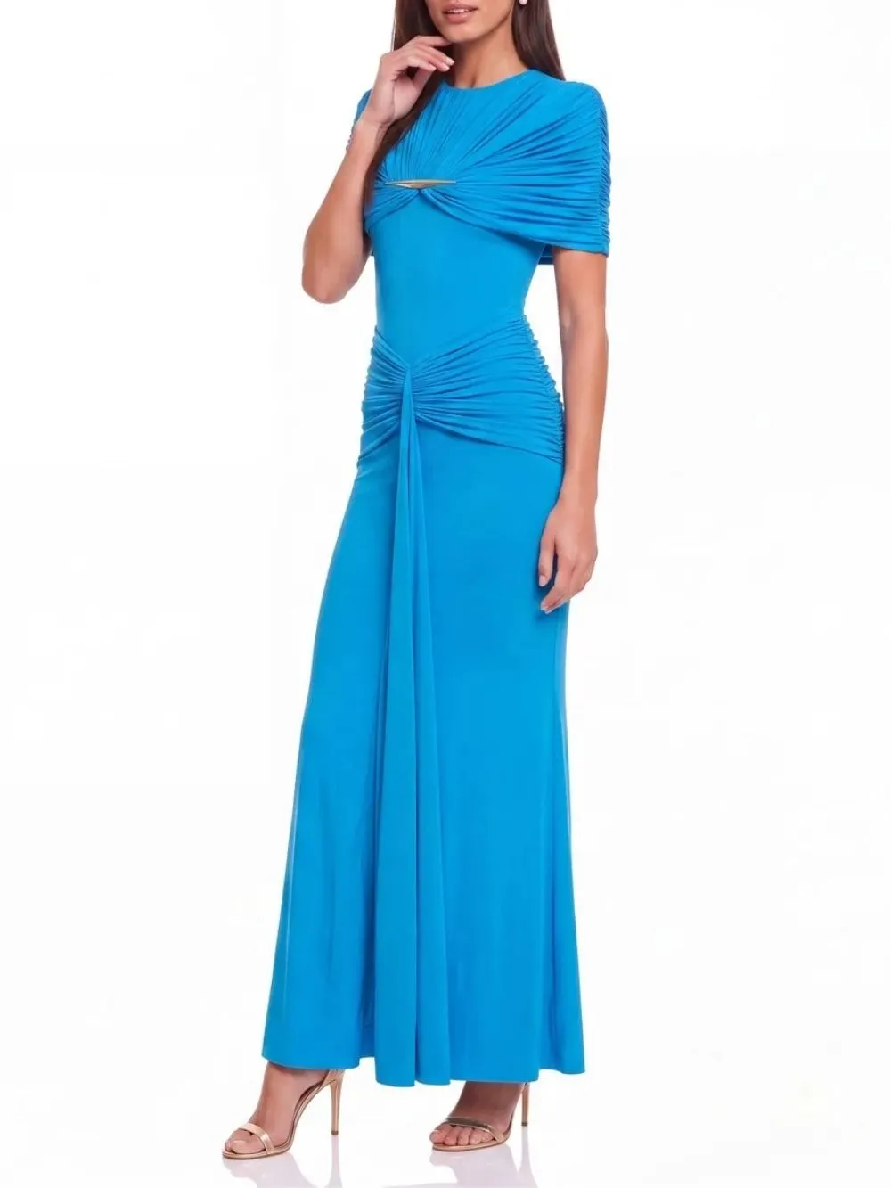 Quvion Shoulder Pad Ruched Maxi Dress In Blue - OWNCI Quvion Shoulder Pad Ruched Maxi Dress In Blue - OWNCI