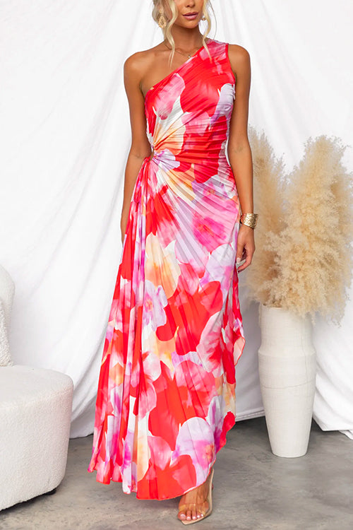 56b90402f20b742c15102e23a84c45f6 One Shoulder Sleeveless Print Asymmetric Maxi Pleated Dress