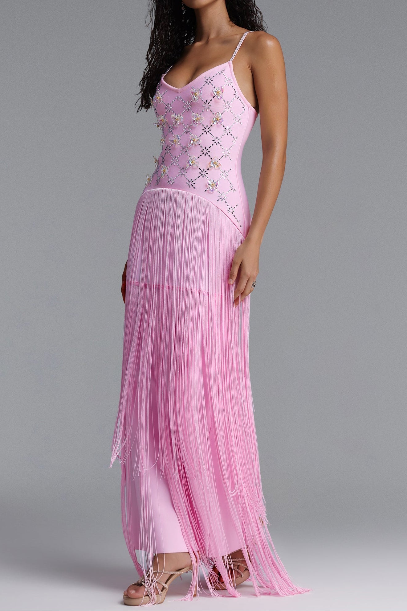 56d8a6156983295833ba9752898b8f8a Rhinestone Floral Fringe Spaghetti Strap Maxi Dress