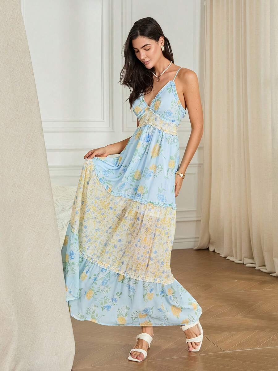Floral Print Cami backless V Neck A Line Maxi Dress - Blue
