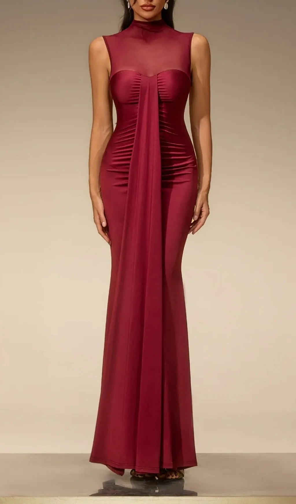 Eusebia Sleeveless Mesh Draped Maxi Dress
