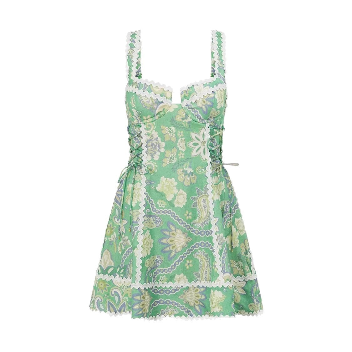 Green Linen Sleeveless Camisole Lace Dress - OWNCI