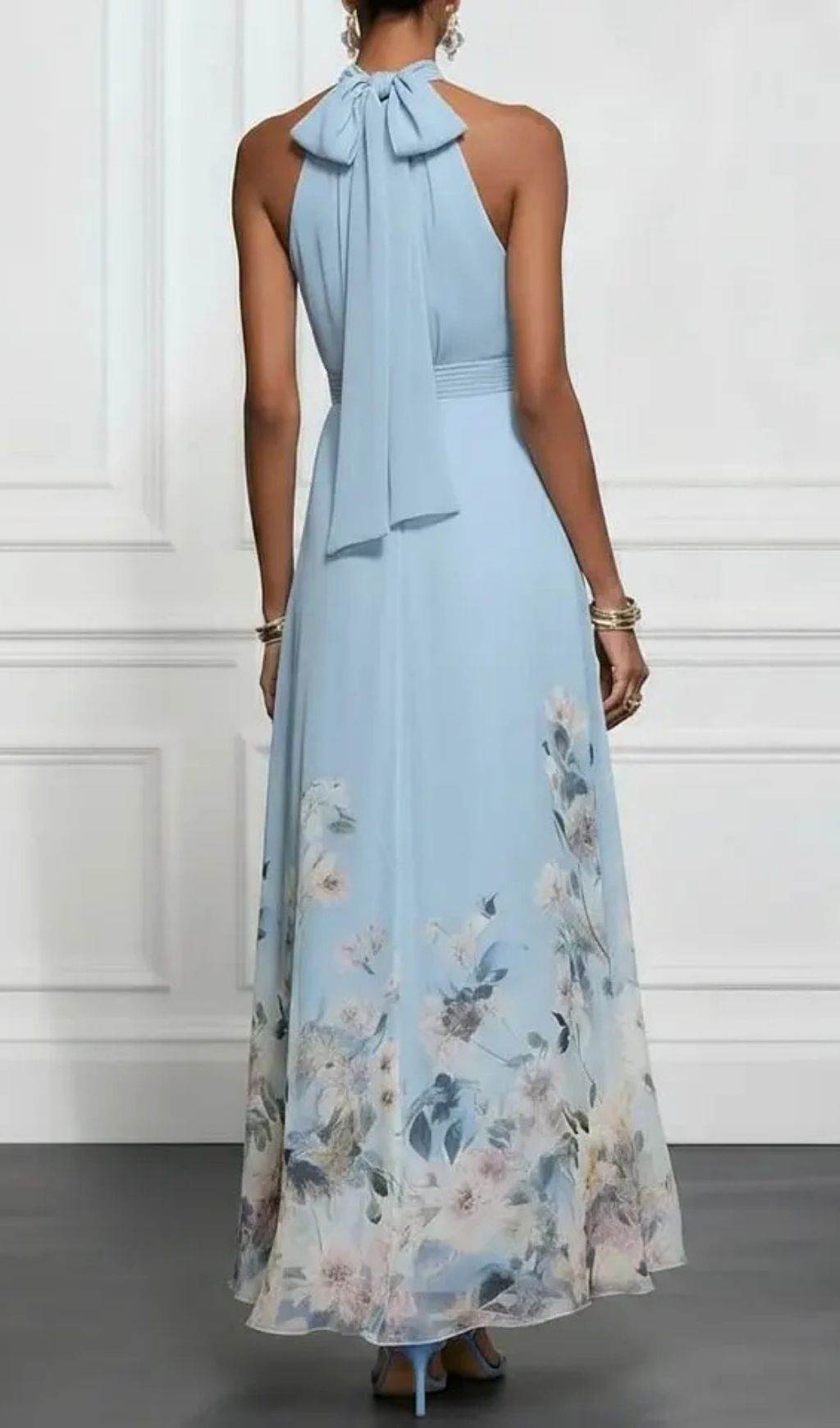 Fashionslee Women Light Blue Floral Chiffon Halter Sleeveless Maxi Dress