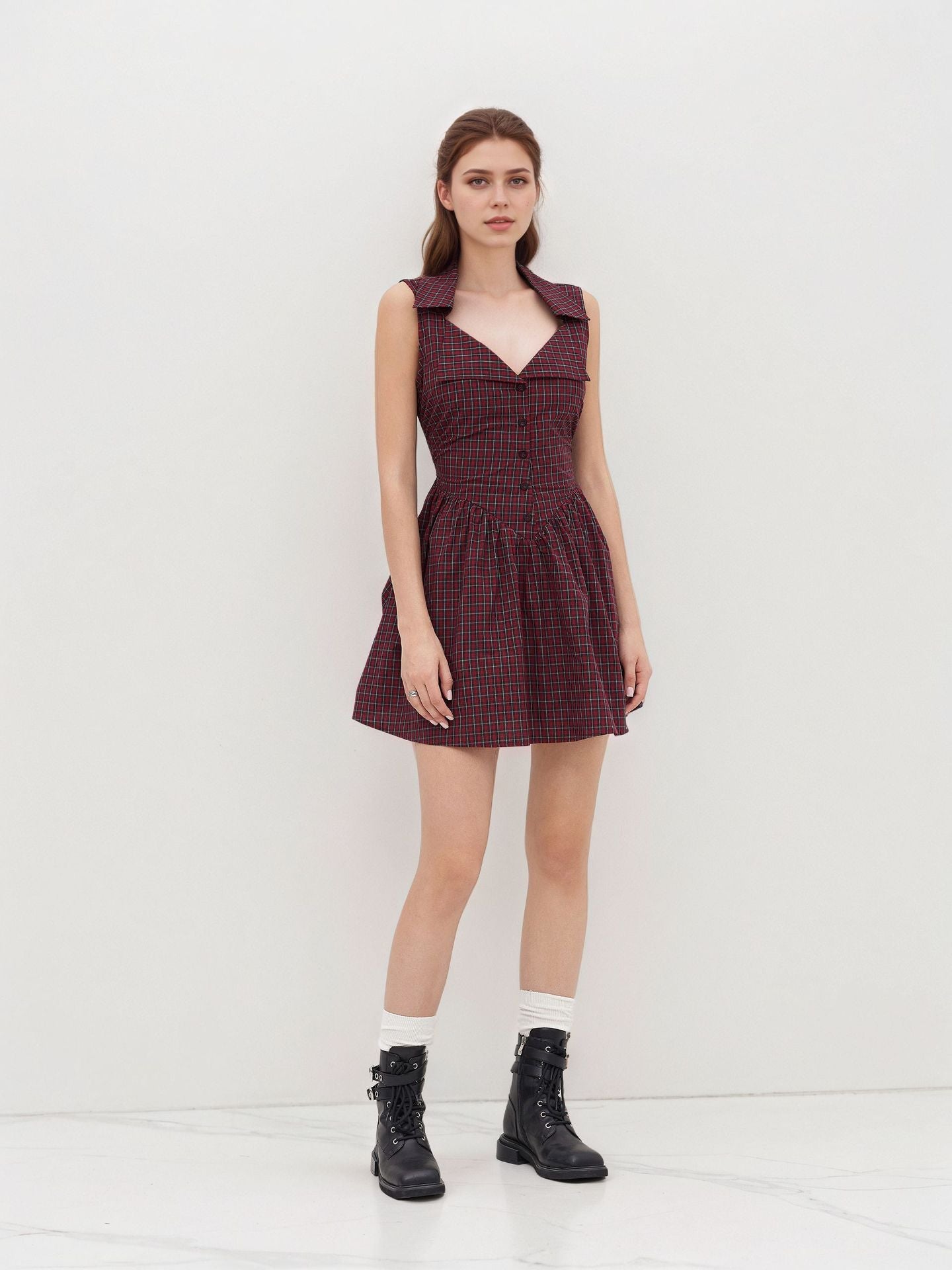 57d879a5f32cdb11a4ac08989e2de335 Red Plaid Sleeveless Lapel V Neck Button Front Fit And Flare Mini Dress Summer Retro Dress