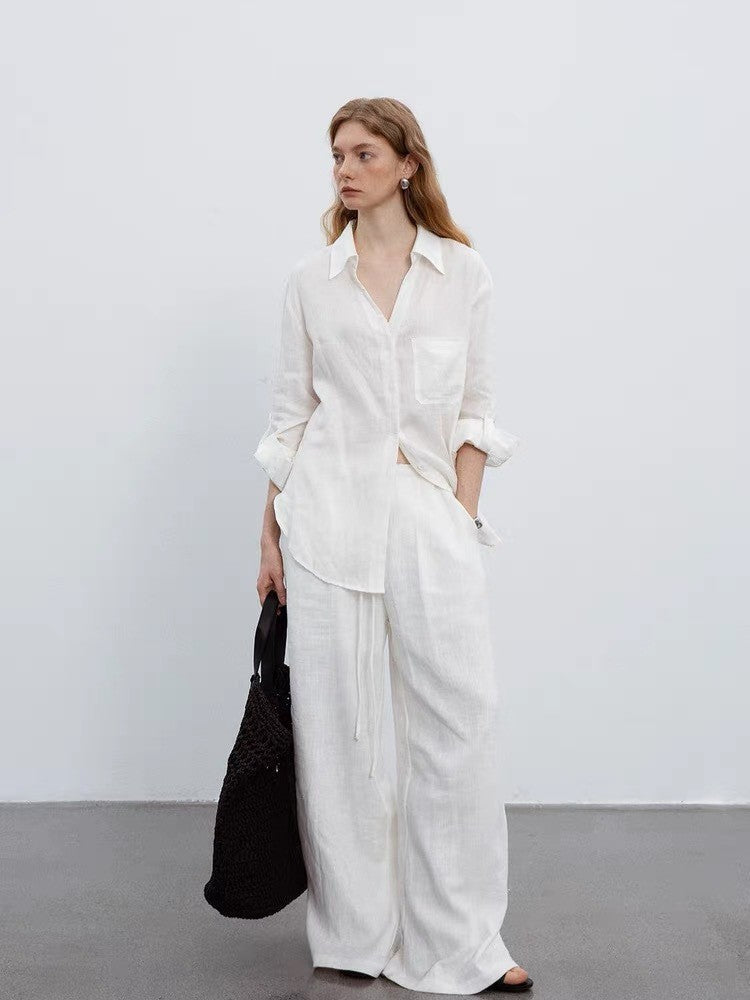 White V-Neck Linen Long-Sleeved Shirt