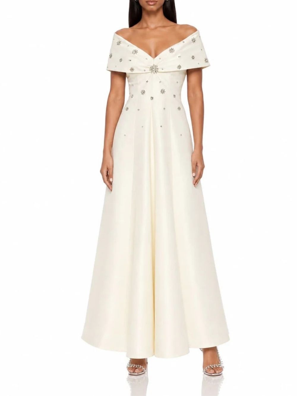 Delvara V Neck Crystal Flared Maxi Dress