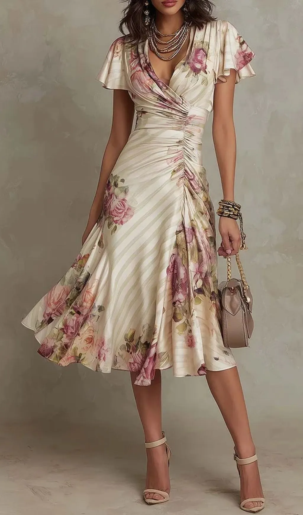 Fashionslee Women Elegant Vintage Floral Satin Midi Dress