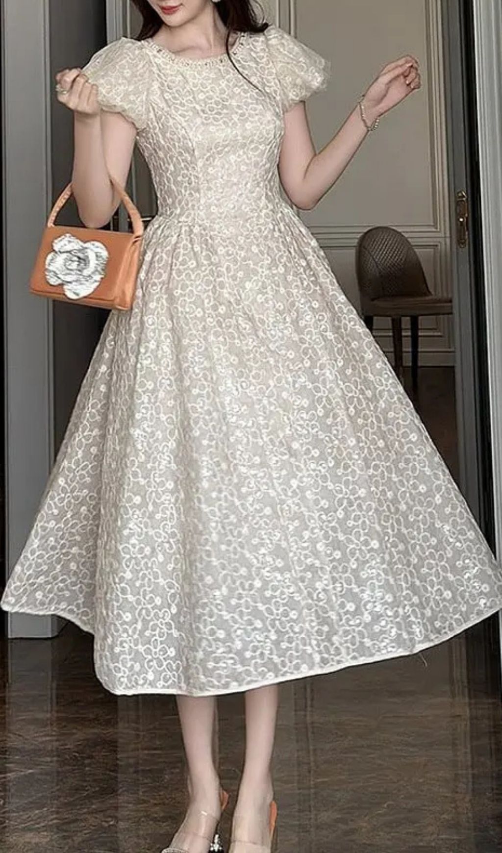 Pearl Neck Puff Sleeve Flared Lace Maxi Dress - Apricot
