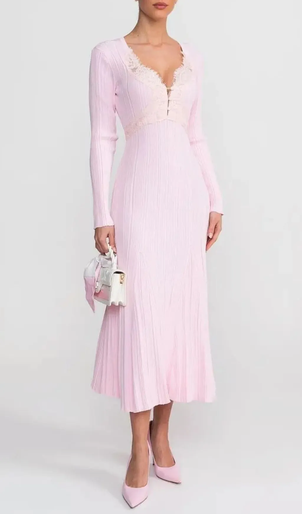 Apphia Pink Contrast Lace Knit Midi Dress