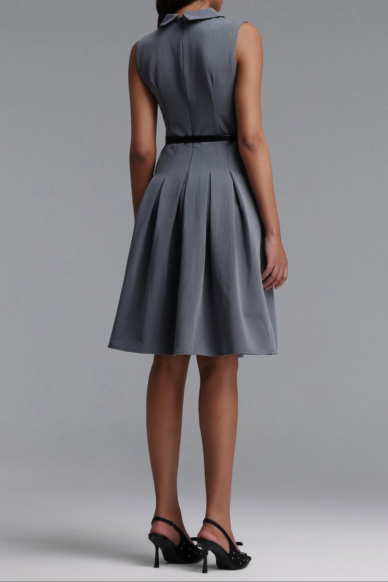 Collared Sleeveless Belted Pleated Midi Shirt Dress