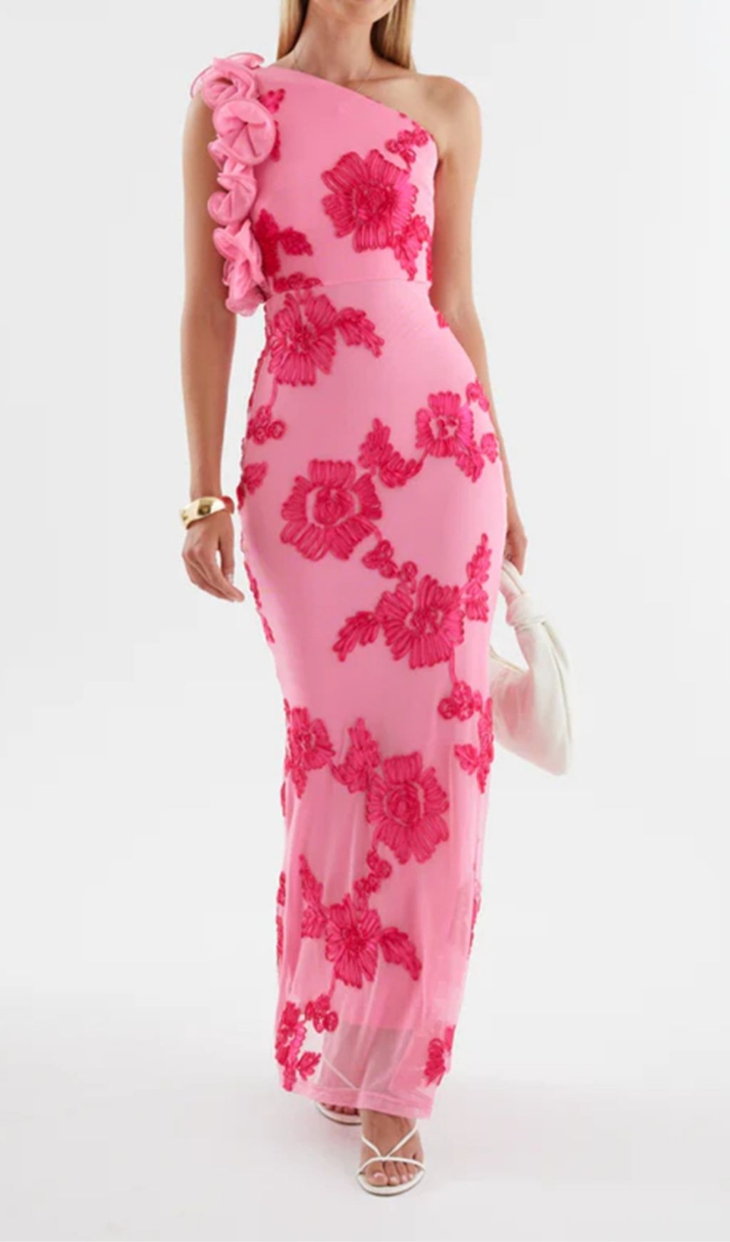 Novia One-Shoulder 3d Flower Embroidery Bodycon Maxi Dress - Pink