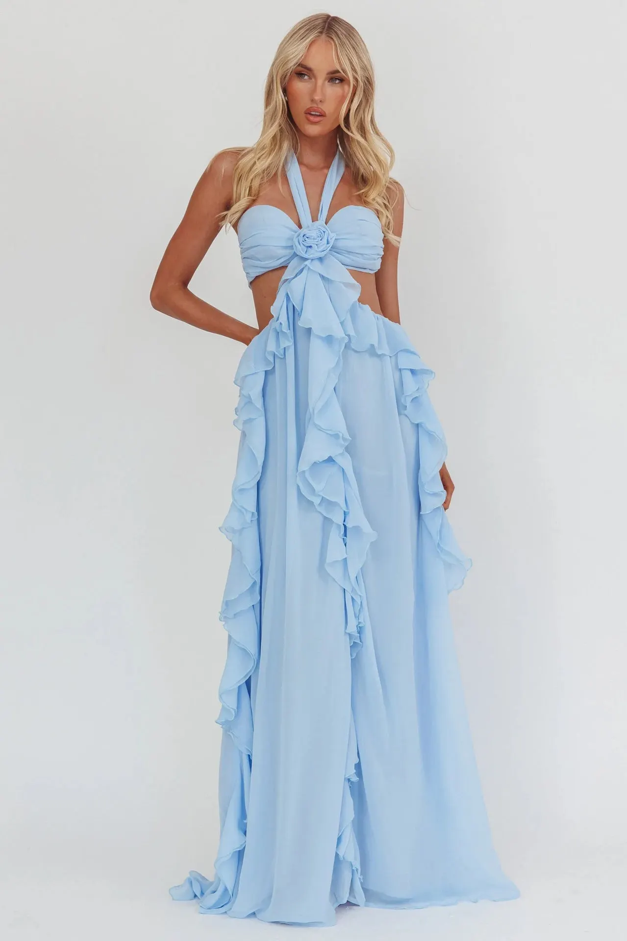 Blue Ruffle Strapless Long Chiffon Dress