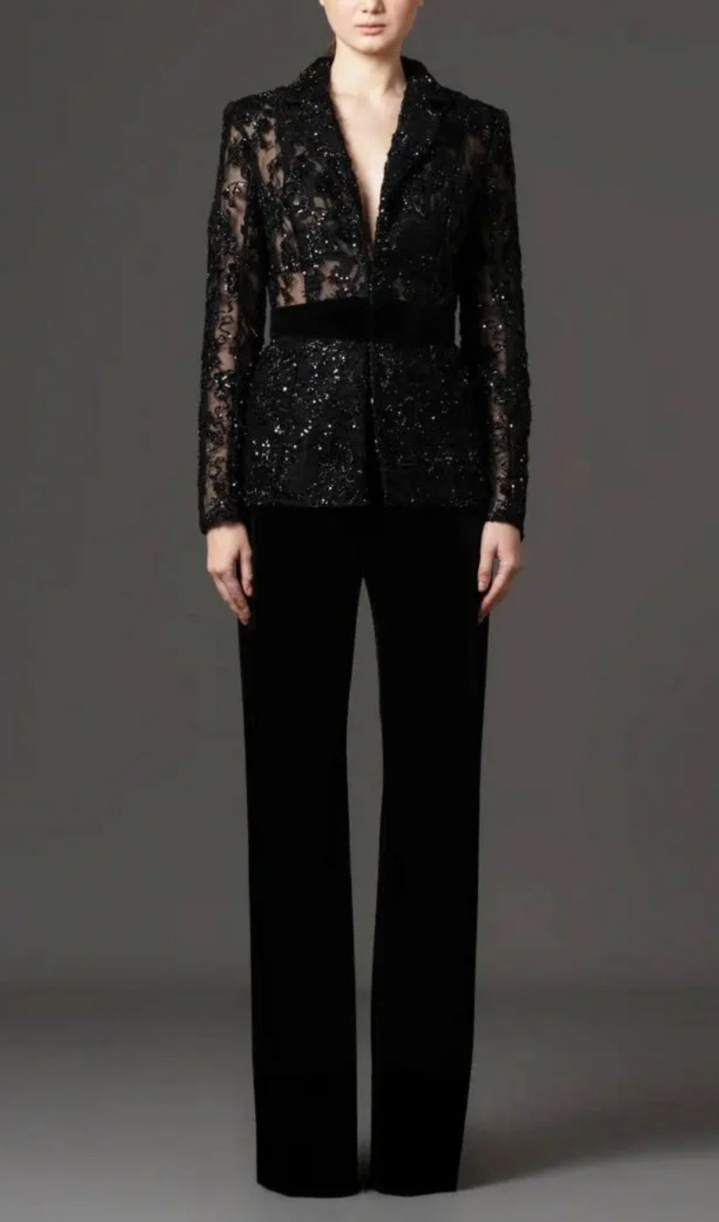Mesh Embroidered Beaded Jacket & Trousers 2-Piece Set - Black