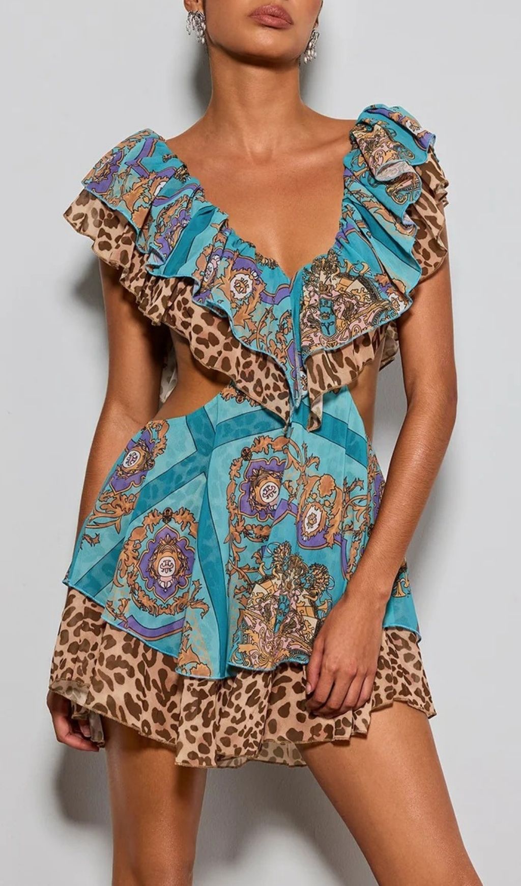 Fashionslee Women Eshana V Neck Cutout Printed Mini Dress