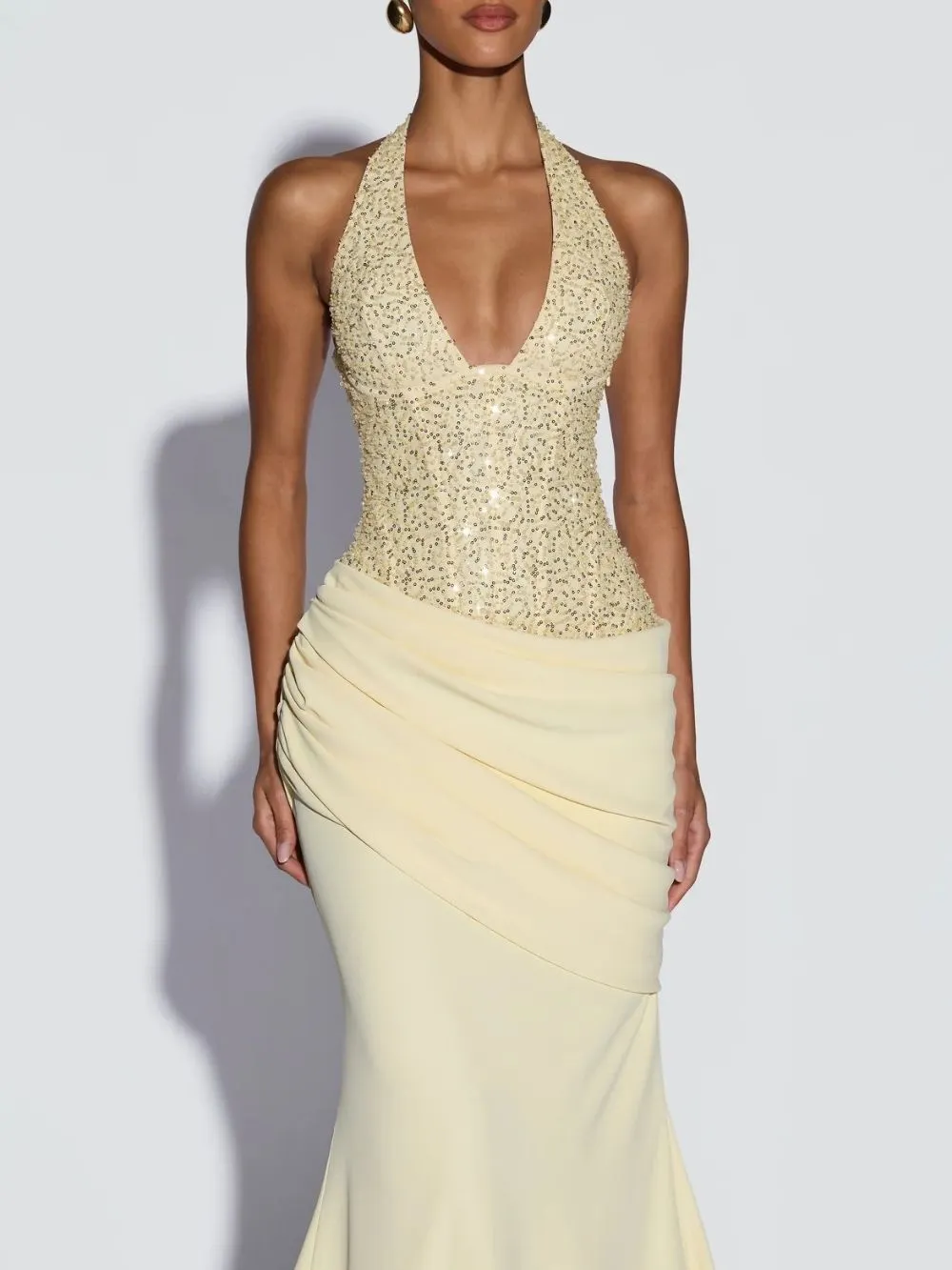 59b121ae5d0a0c6990f9e72c0abf8c09 Fantasia Yellow Halterneck Sequin Maxi Dress