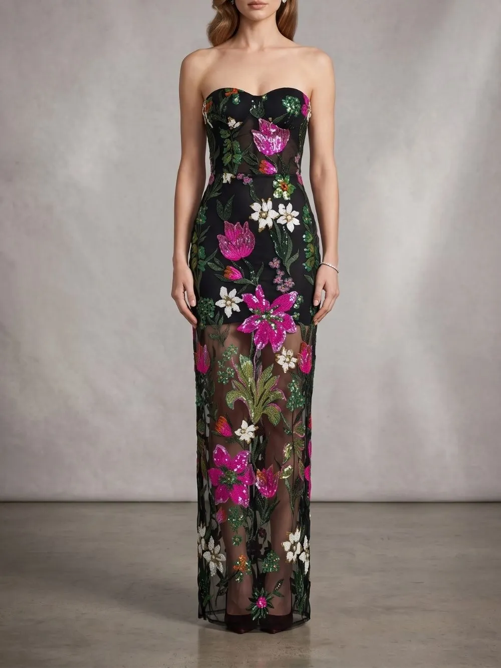 Majorca Strapless Flower Sequin Maxi Dress