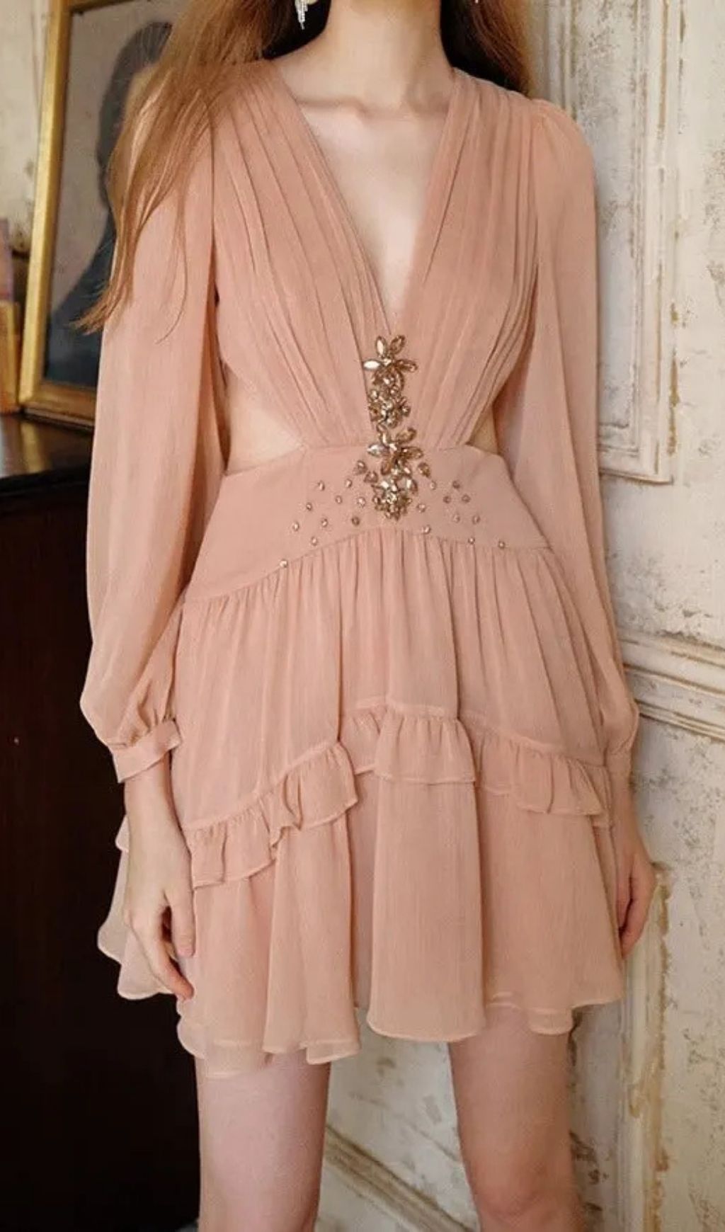 Jessica Champagne Pink Chiffon Rhinestone Embellished Mini Dress