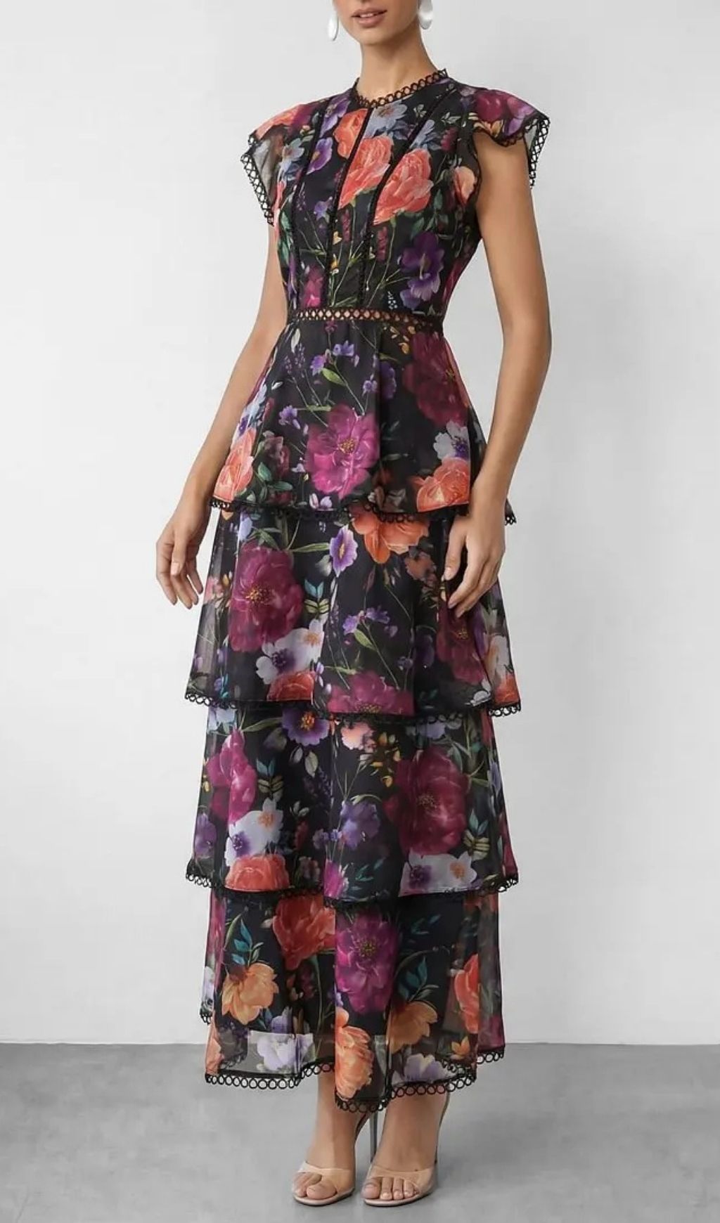 Black Floral Print Tiered Ruffle Maxi Dress