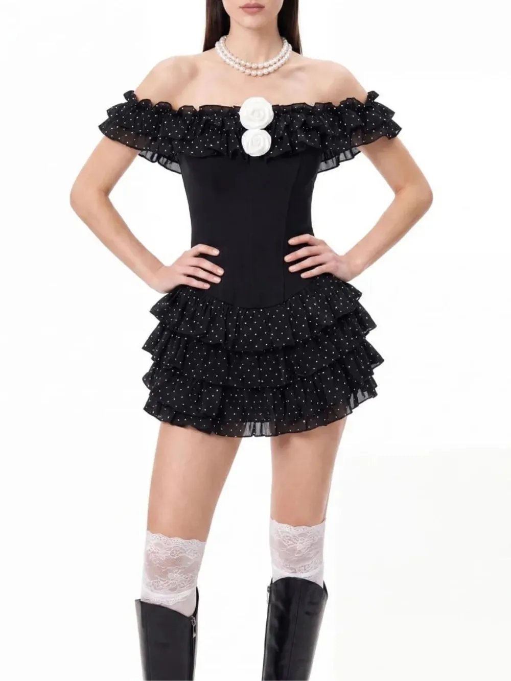 Talven Tiered Flower Dot Skirt Set In Black