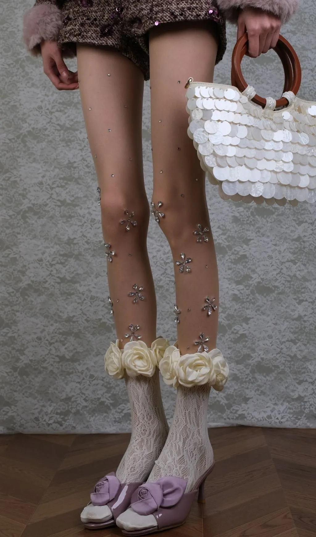 Diamante Embellished Tights & Rose Socks Set