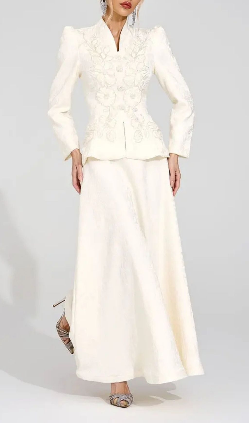 Sabrina Floral Embroidered Coat Maxi Skirt Set - Apricot