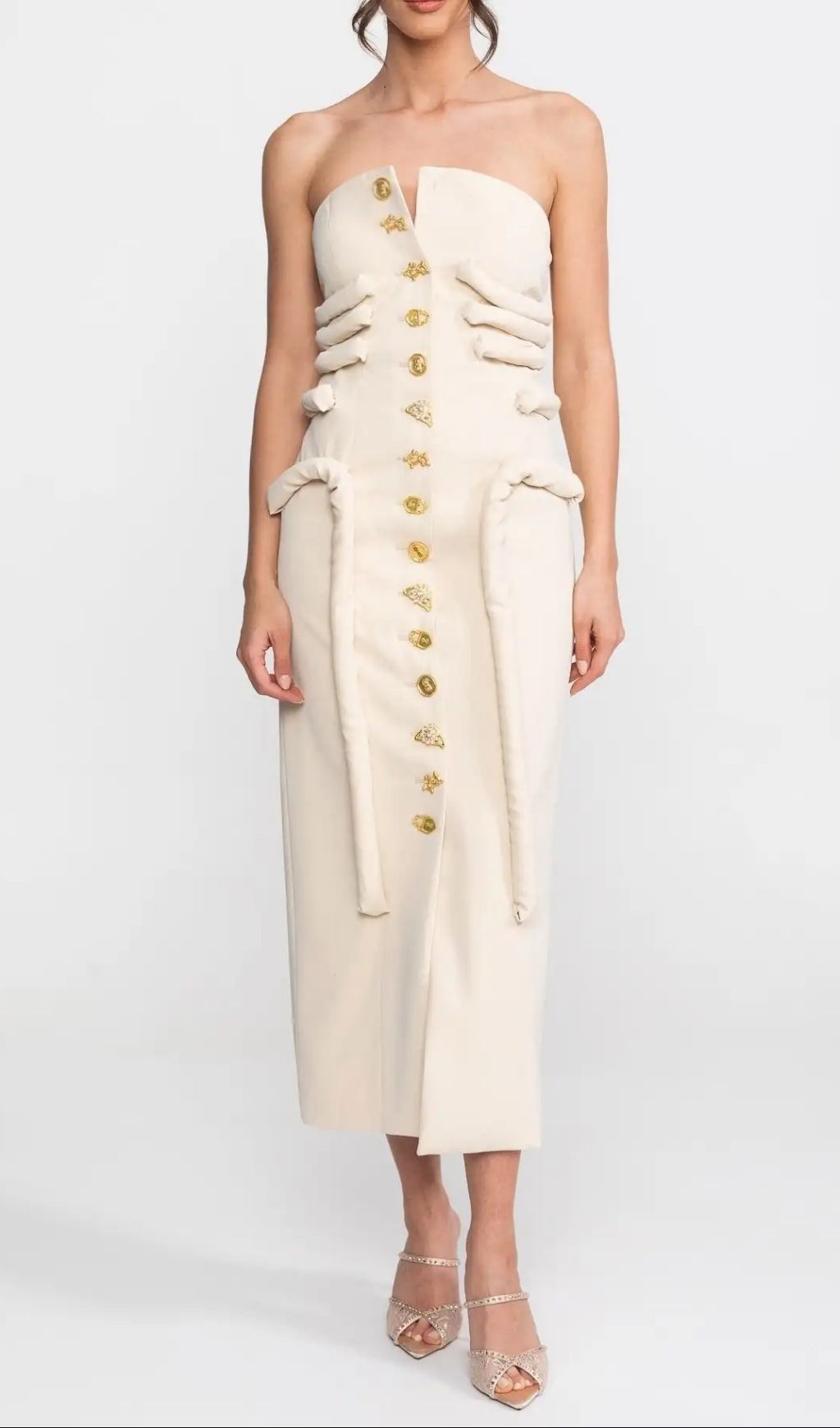Strapless Midi Dress With Sculptural Knotted Bodice Detail And Jewel Buttons - Light Khaki